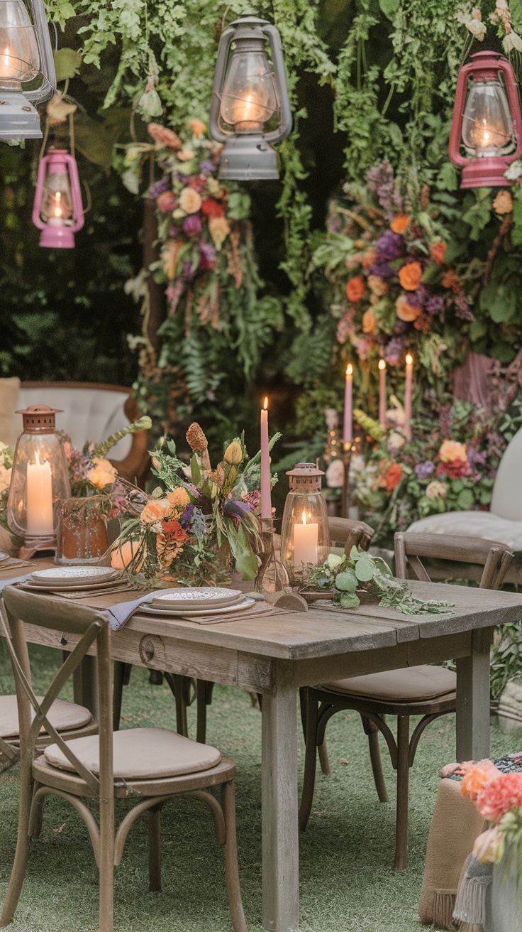A beautifully decorated outdoor table featuring vintage lanterns, candles, and floral arrangements.