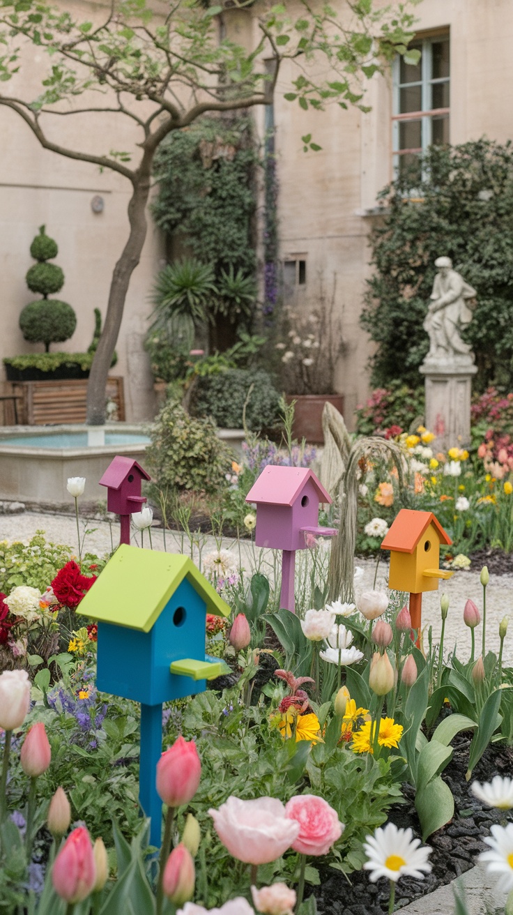 Colorful birdhouses in a flower garden with tulips and various plants.