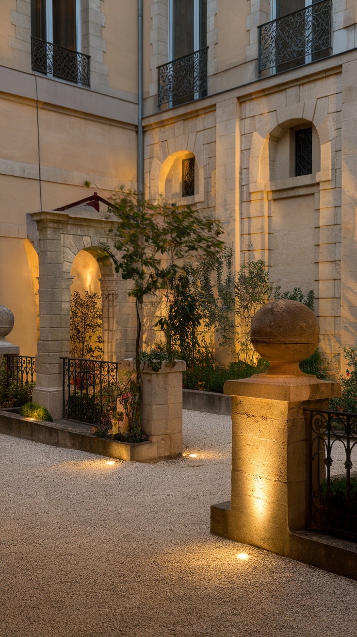 A beautifully lit French courtyard garden with stone pillars and greenery.